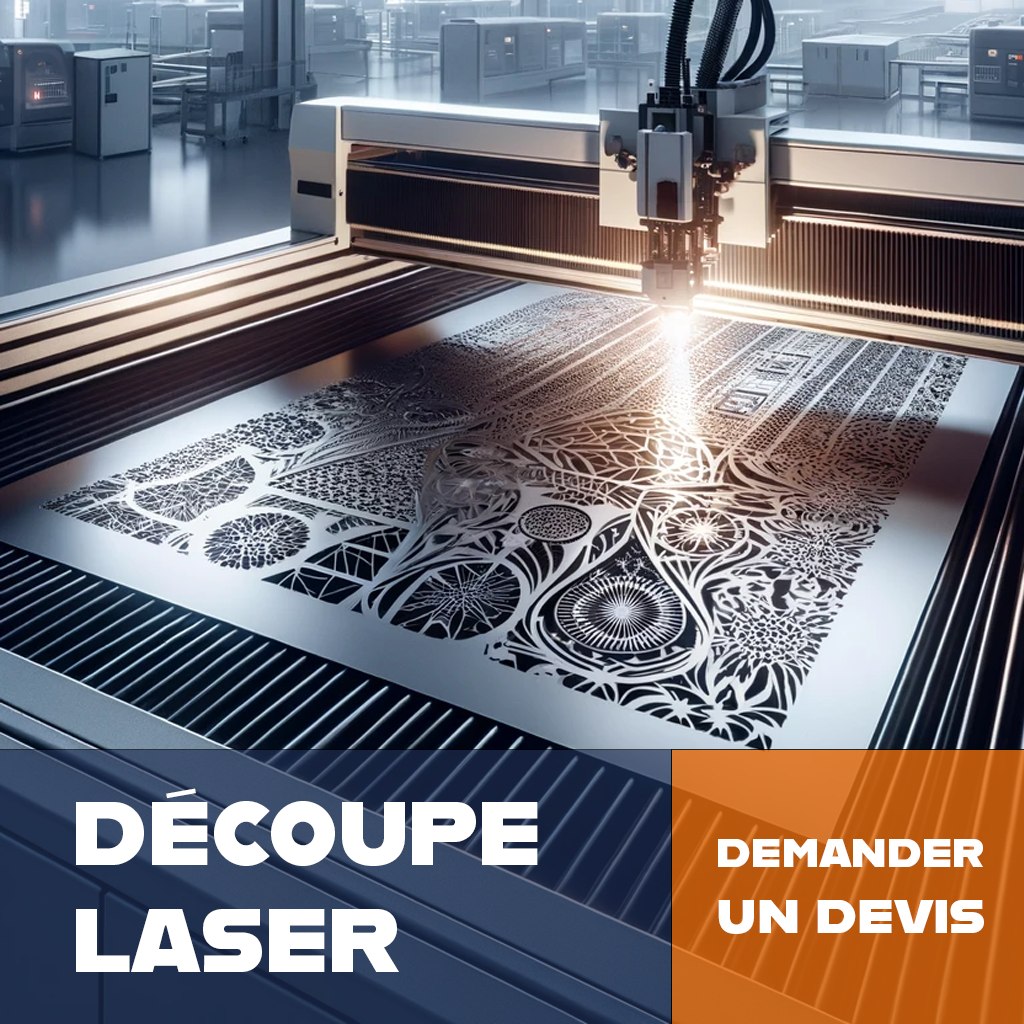 Image montrant une machine de découpe laser industrielle en train de découper un motif complexe et détaillé dans une grande plaque métallique. L'atelier en arrière-plan est moderne et bien équipé, reflétant un environnement de haute technologie.