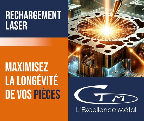 Image illustrant une machine effectuant un rechargement laser sur une pièce métallique complexe. Des étincelles et une lumière intense émanent du point de contact, symbolisant la précision et l'efficacité du procédé. À gauche, le texte "RECHARGEMENT LASER" est affiché en blanc sur fond bleu foncé, et "MAXIMISEZ LA LONGÉVITÉ DE VOS PIÈCES" en blanc et orange sur fond orange. En bas à droite, le logo de l'entreprise "CTM L'Excellence Métal" est visible, soulignant leur expertise dans les technologies de rechargement laser.