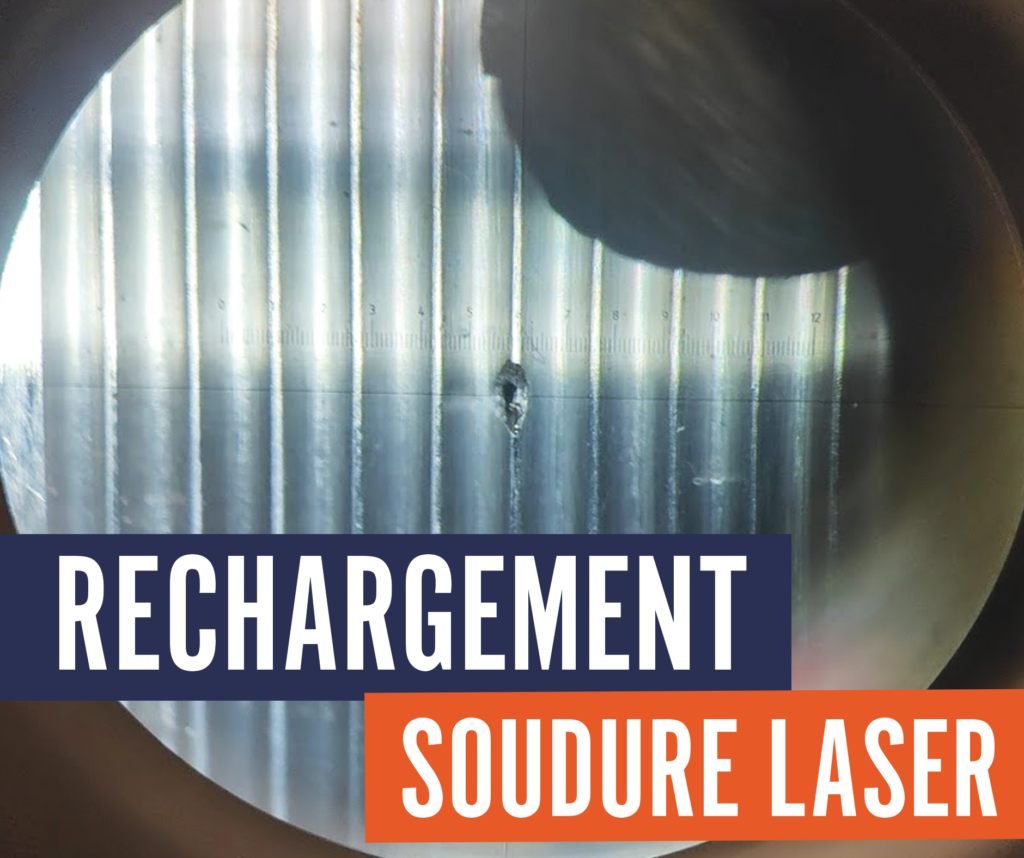 Vue sur un filetage depuis un binoculaire lors d'une opération de rechargement par soudure laser.