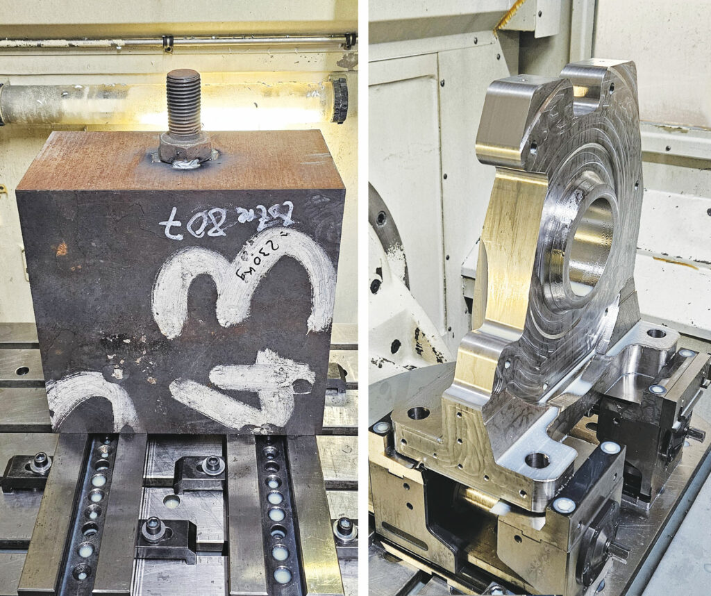 Bloc d’acier brut de 230 kg avant l’usinage de précision chez CTM LASER. Pièce mécanique de 47 kg usinée avec précision, 183 kg de matière recyclée.